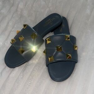Valentino Garavani Blue Flats with Gold Studs Niagara color